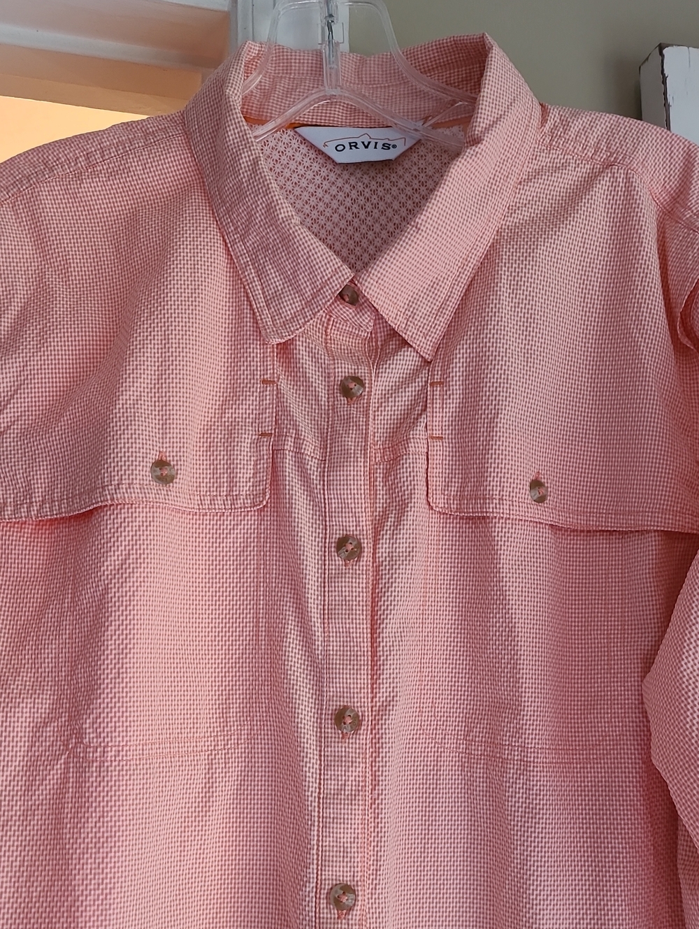 Orvis Ladies sz XL Pink Gingham Button Front Fishing Shirt Long Sleeve Vented